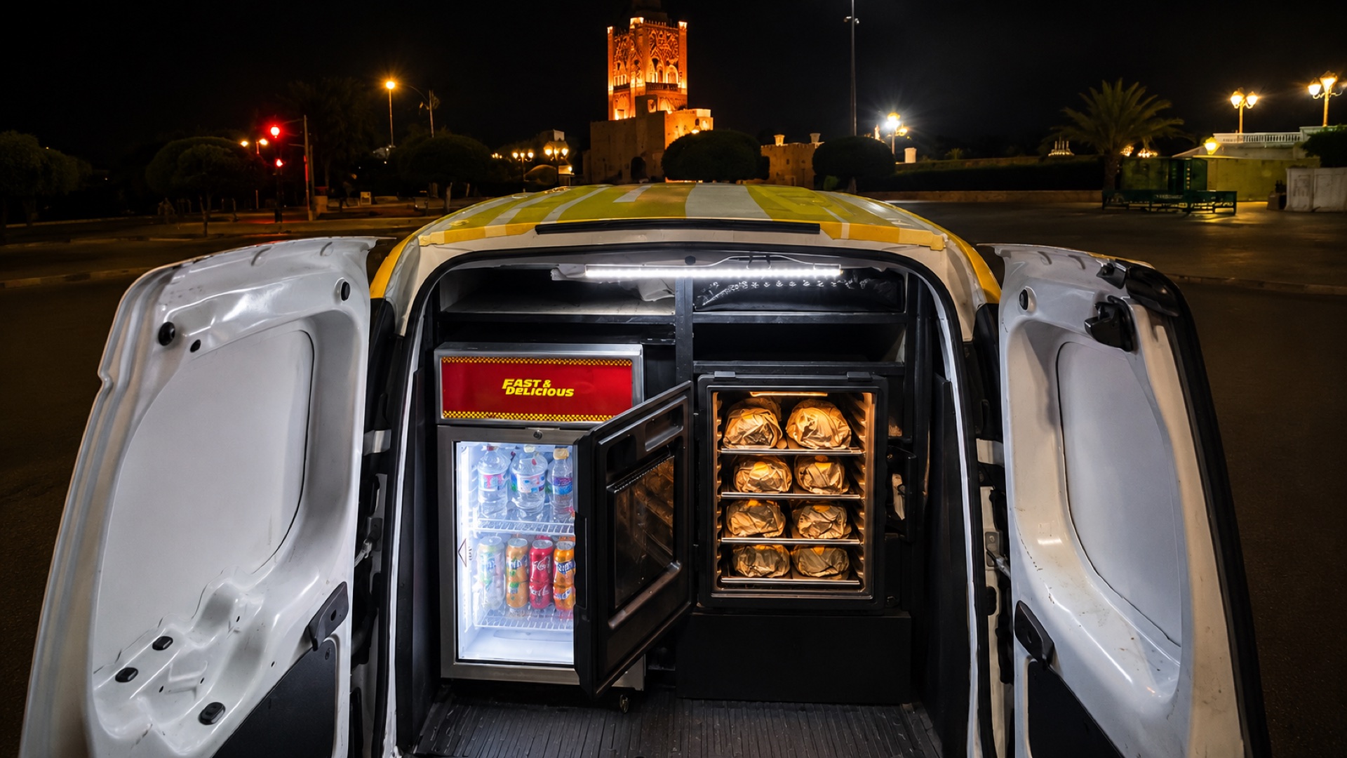 Voiture Fast & Delicious équipée d'un four et d'un frigo, garée devant la Tour Hassan à Rabat