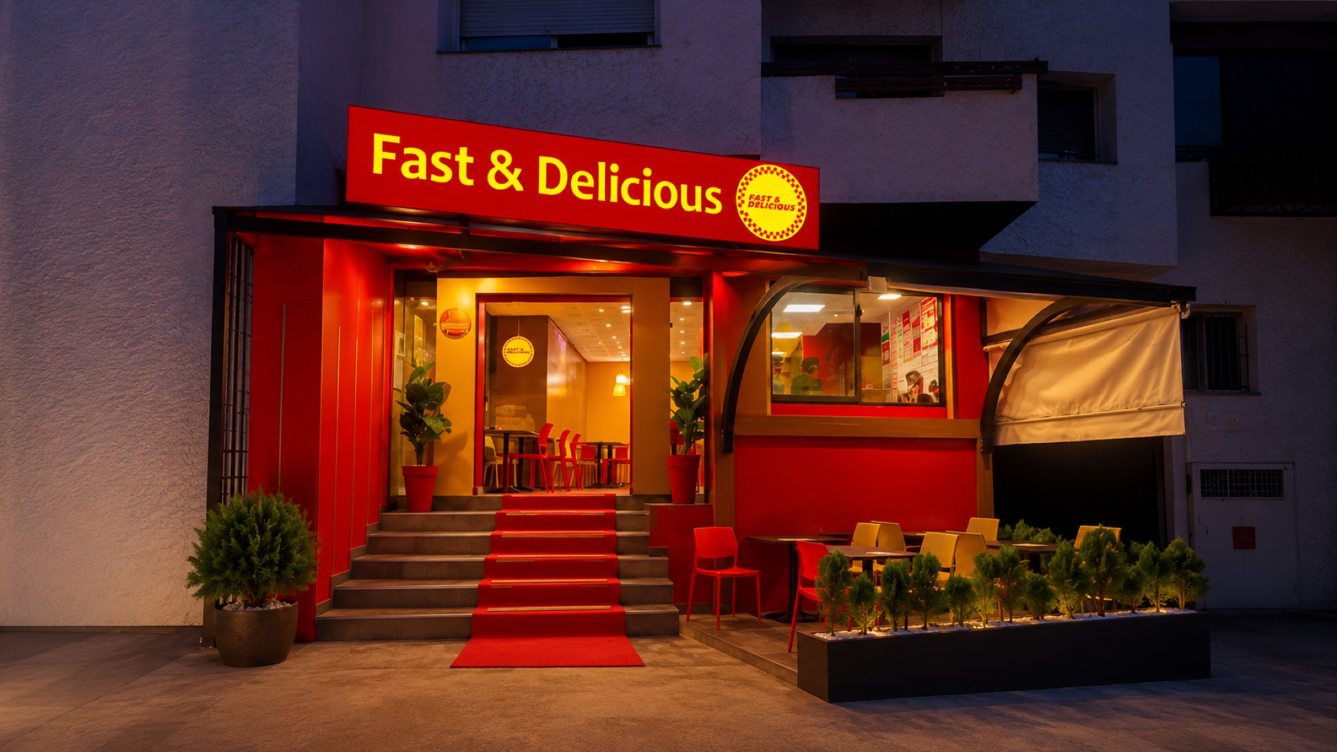 Devanture du magasin Fast & Delicious à Rabat, illuminée le soir